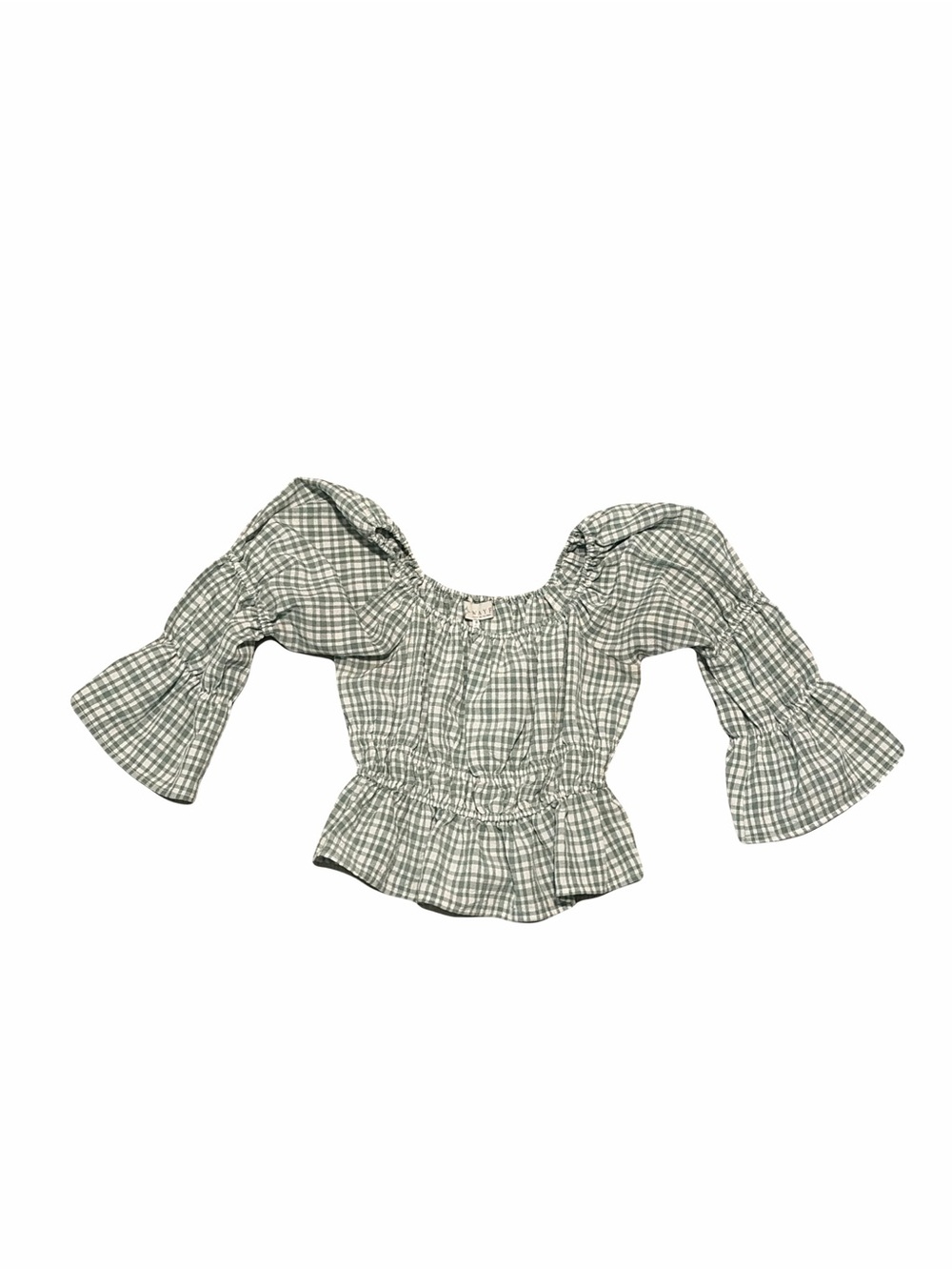 New WAYF Green Gingham Off Shoulder Peasant Shirt